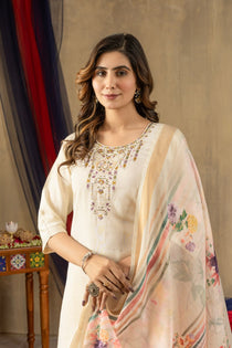 Off White Shimmer Gold Silk Embroidered Kurta Pant Dupatta Set