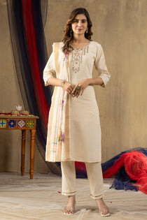 Off White Shimmer Gold Silk Embroidered Kurta Pant Dupatta Set