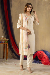 Off White Shimmer Gold Silk Embroidered Kurta Pant Dupatta Set