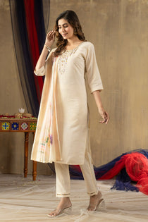 Off White Shimmer Gold Silk Embroidered Kurta Pant Dupatta Set
