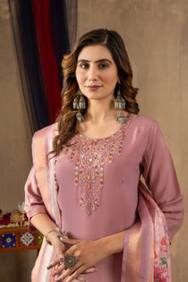 Off White Shimmer Gold Silk Embroidered Kurta Pant Dupatta Set