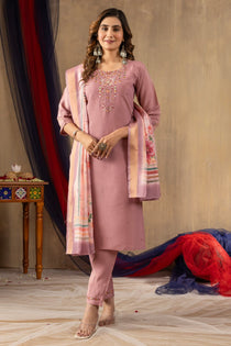 Off White Shimmer Gold Silk Embroidered Kurta Pant Dupatta Set
