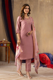 Off White Shimmer Gold Silk Embroidered Kurta Pant Dupatta Set