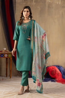 Off White Shimmer Gold Silk Embroidered Kurta Pant Dupatta Set