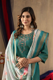 Off White Shimmer Gold Silk Embroidered Kurta Pant Dupatta Set