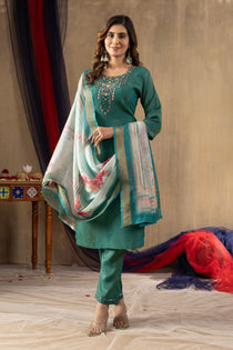 Off White Shimmer Gold Silk Embroidered Kurta Pant Dupatta Set