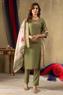 Off White Shimmer Gold Silk Embroidered Kurta Pant Dupatta Set