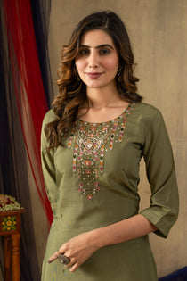Off White Shimmer Gold Silk Embroidered Kurta Pant Dupatta Set