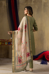 Off White Shimmer Gold Silk Embroidered Kurta Pant Dupatta Set