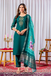 Rama Green Viscose Silk Embroidered Kurta Pant Set with Chanderi Silk Printed Dupatta