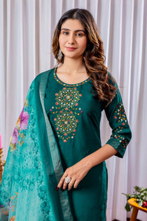 Rama Green Viscose Silk Embroidered Kurta Pant Dupatta Set
