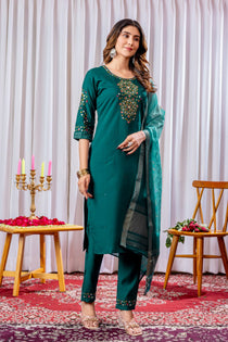 Rama Green Viscose Silk Embroidered Kurta Pant Dupatta Set