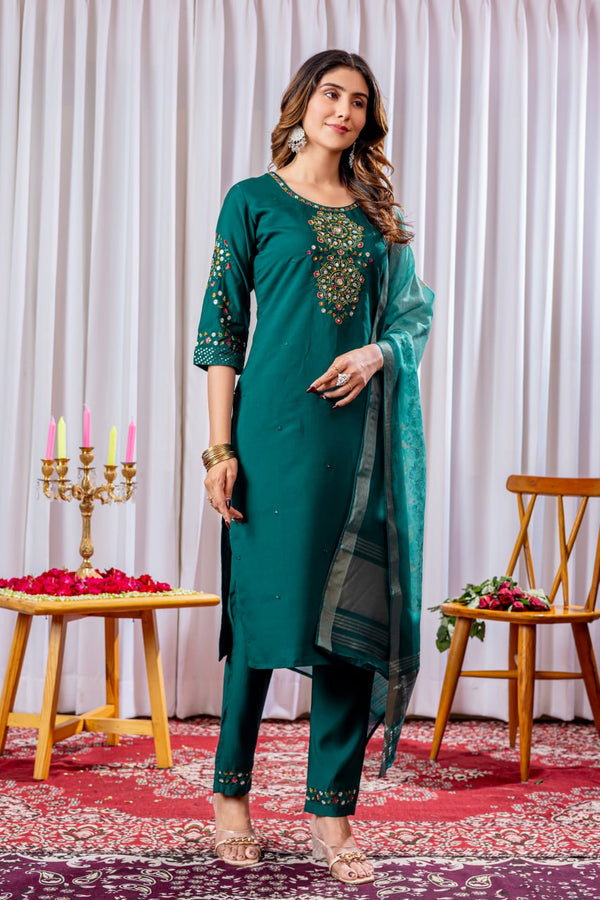 Marvelous Thread Work Straight Kurti Pant Dupatta Set