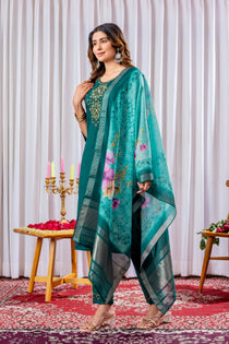 Rama Green Viscose Silk Embroidered Kurta Pant Dupatta Set