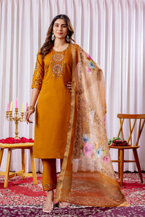 Rama Green Viscose Silk Embroidered Kurta Pant Dupatta Set