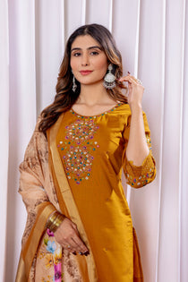 Rama Green Viscose Silk Embroidered Kurta Pant Dupatta Set