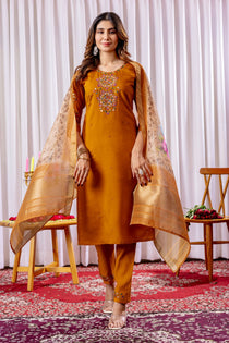 Rama Green Viscose Silk Embroidered Kurta Pant Dupatta Set