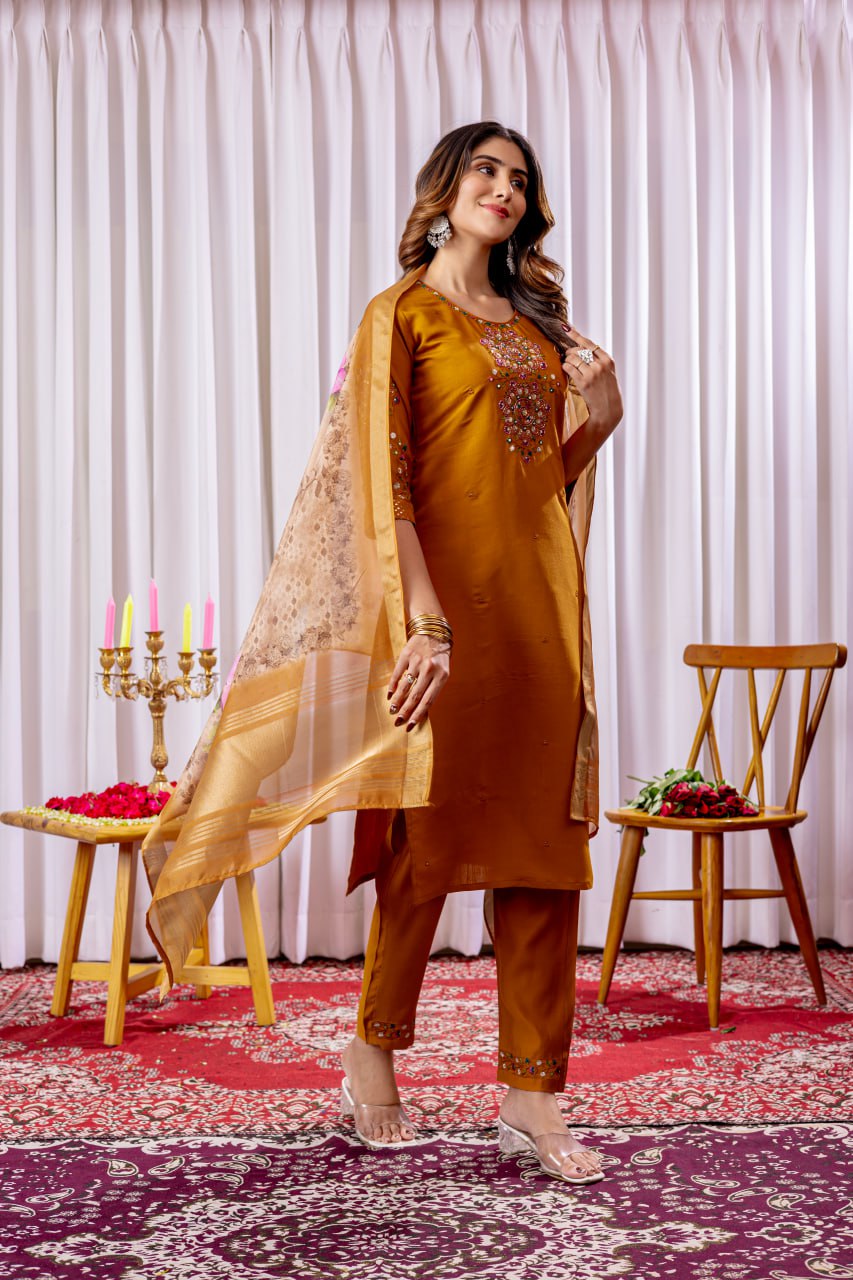 Marvelous Thread Work Straight Kurti Pant Dupatta Set