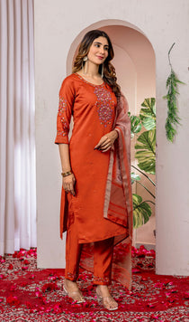 Rama Green Viscose Silk Embroidered Kurta Pant Dupatta Set