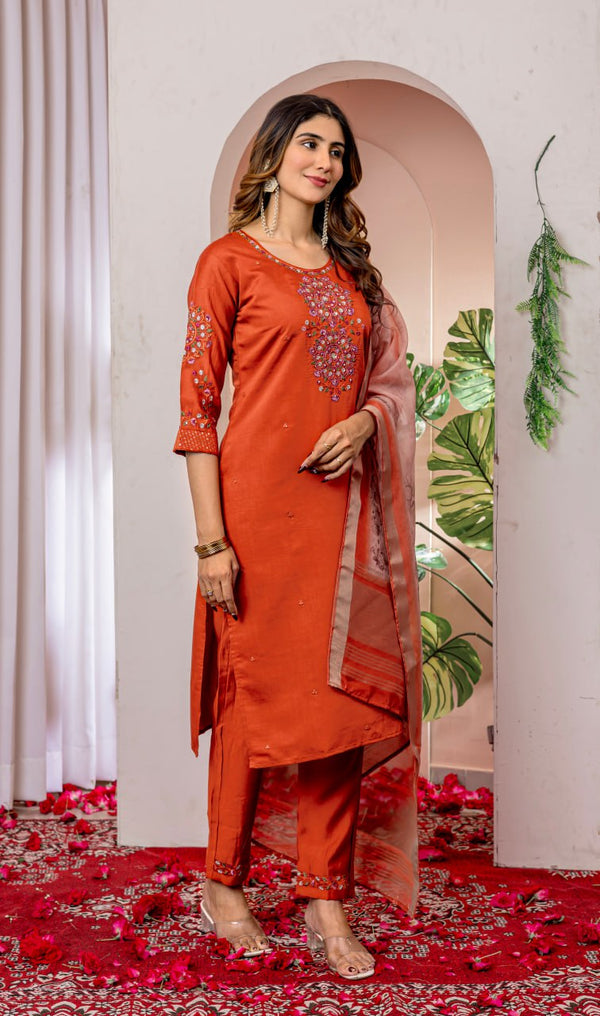 Marvelous Thread Work Straight Kurti Pant Dupatta Set