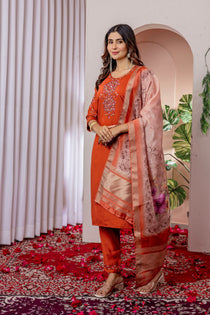 Rama Green Viscose Silk Embroidered Kurta Pant Dupatta Set