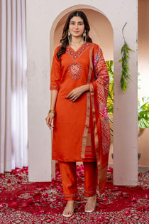 Orange Marina Viscose Silk Embroidered Kurta Pant Dupatta Set
