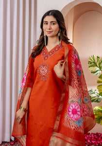 Orange Marina Viscose Silk Embroidered Kurta Pant Dupatta Set