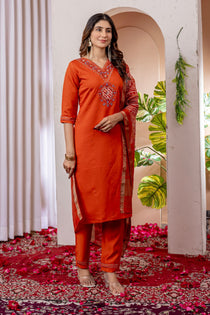 Orange Marina Viscose Silk Embroidered Kurta Pant Dupatta Set