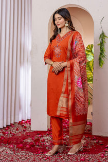 Orange Marina Viscose Silk Embroidered Kurta Pant Dupatta Set