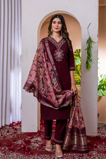 Orange Marina Viscose Silk Embroidered Kurta Pant Dupatta Set