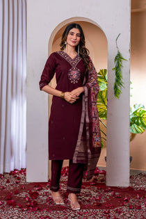 Orange Marina Viscose Silk Embroidered Kurta Pant Dupatta Set