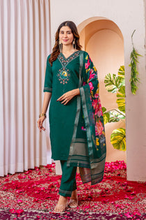 Orange Marina Viscose Silk Embroidered Kurta Pant Set with Chanderi Silk Printed Dupatta