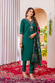 Orange Marina Viscose Silk Embroidered Kurta Pant Dupatta Set