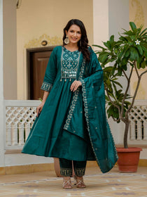 Mahendi Viscose Roman Silk Mirror Work Anarkali Suit Set
