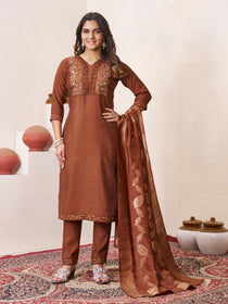 Brown Roman Silk Embroidered Kurta Pant Dupatta Set