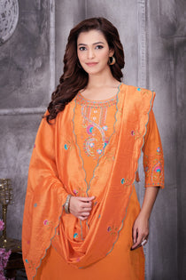 Brown Roman Silk Embroidered Kurta Pant Dupatta Set