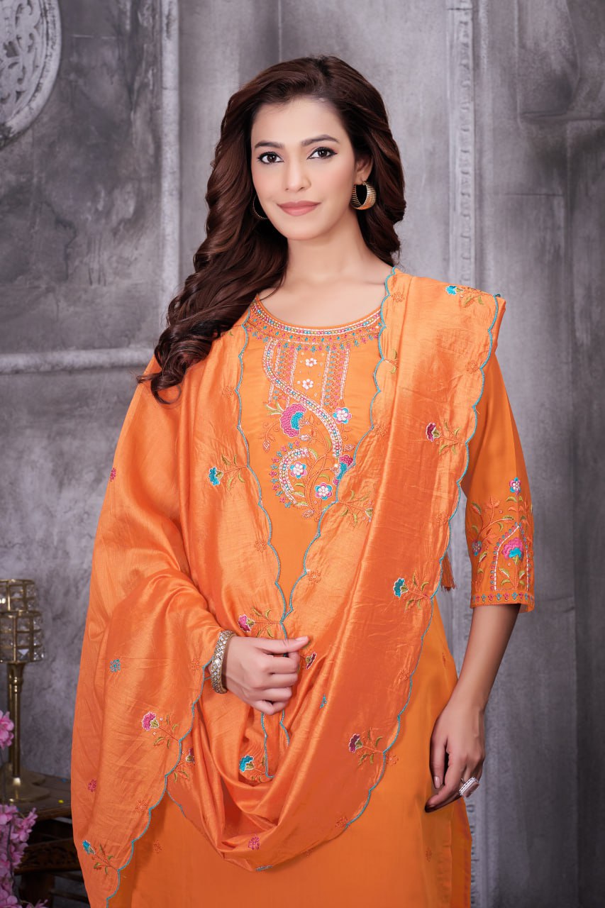 Multi Embroidery Roman Silk Kurti Pant Dupatta Set