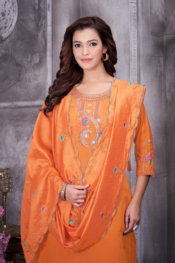 Multi Embroidery Roman Silk Kurti Pant Dupatta Set