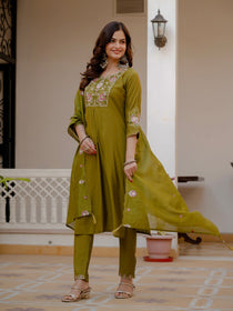 Rust Viscose Mango Silk Embroidered Kurta Set