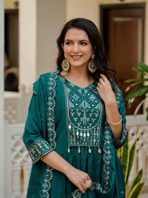 Mahendi Viscose Roman Silk Mirror Work Anarkali Suit Set