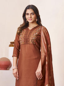 Brown Roman Silk Embroidered Kurta Pant Dupatta Set