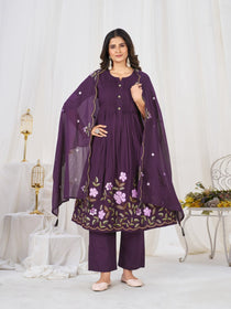 Multi-Thread Embroidered Cotton Anarkali Kurti Set with Dupatta