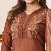 Brown Roman Silk Embroidered Kurta Pant Dupatta Set