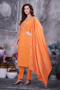 Brown Roman Silk Embroidered Kurta Pant Dupatta Set