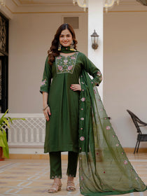 Rust Viscose Mango Silk Embroidered Kurta Set