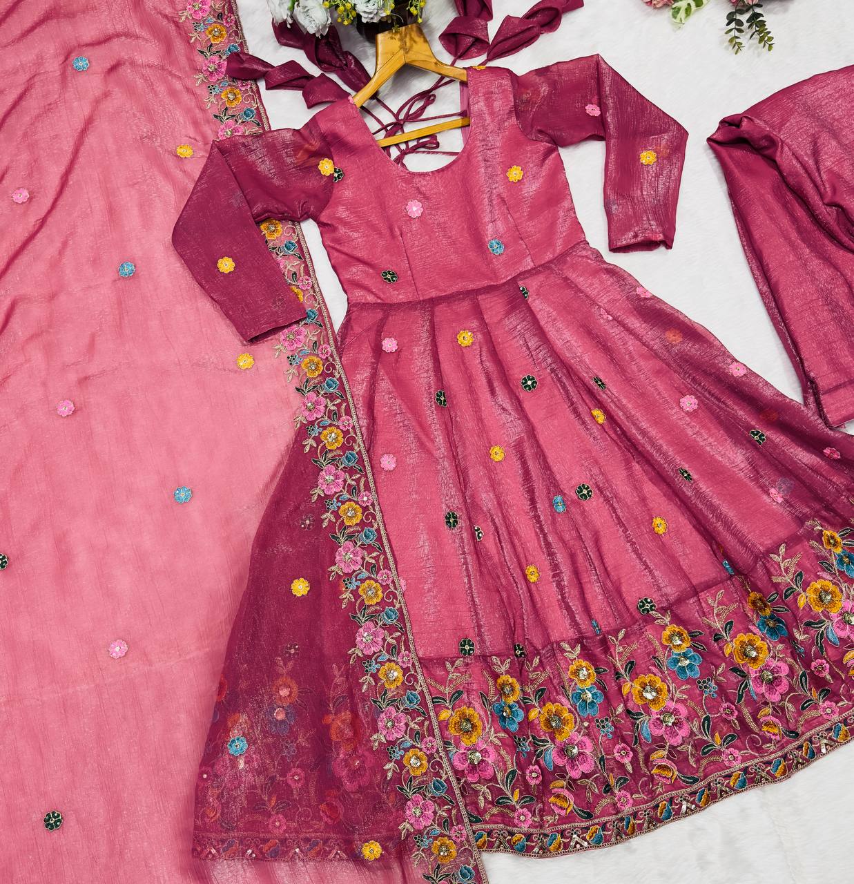 Multi Embroidery Sequins Work Anarkali With Palzzo Suit
