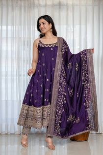 Wine Vichitra Silk Embroidered Gown Set