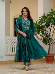 Mahendi Viscose Roman Silk Mirror Work Anarkali Suit Set