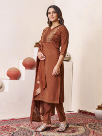 Brown Roman Silk Embroidered Kurta Pant Dupatta Set