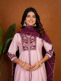 Roman Silk Embroidered Anarkali Kurti Plazo Set